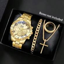 4pcs Luxury Men's Quartz Watch & Accessories Set, Elegant Business Style Watch Suitable As Gift For Family - Gold - View 1
