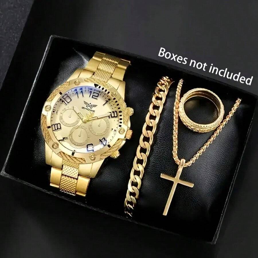 4pcs Luxury Men's Quartz Watch & Accessories Set, Elegant Business Style Watch Suitable As Gift For Family - Gold - View 1