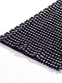 Black Rhinestone Fishnet Long Sleeve T-Shirt – Round Neck Stretchy Breathable Bodycon Top With Cut-Out Design, Matching For High-Waist Jeans, Nightclub, Y2K, Streetwear, Party