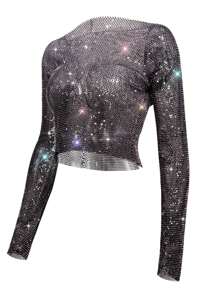 Black Rhinestone Fishnet Long Sleeve T-Shirt – Round Neck Stretchy Breathable Bodycon Top With Cut-Out Design, Matching For High-Waist Jeans, Nightclub, Y2K, Streetwear, Party