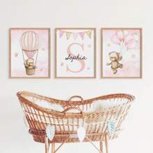 3pcs/Set Customizable Frameless Canvas Wall Art Posters - Personalized Name Wall Art, Customizable Teddy Bear Wall Art, Personalized Name Teddy Bear Wall Painting Decor, Painting Of Hot Air Balloon, Stars, Butterfly, Flag, Balloon, Personalized Initial Letter Logo, Neutral Bedroom Decor Customization, Suitable For Dining Room, Living Room, Bedroom Refresh Birthday Graduation,Home Refresh