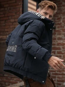 Men's Padded Padded Coat, Warm Hooded Coat For Autumn/Winter - 黑色 - 查看 2