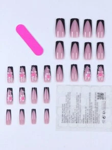 24Pcs Hibiscus Flowers Press On Nails Medium Square Shaped Fake Nails With Black French Tip Design False Nails Full Cover Nude Pink Sticks On Nails Glossy Glue On Nails For Women Manicure Nail Decor