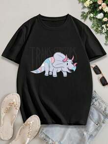 Women's Trans-Ceratops T-Shirt Cute Dinosaur Graphic Tees Funny Paleo Art Tops - Black - View 2