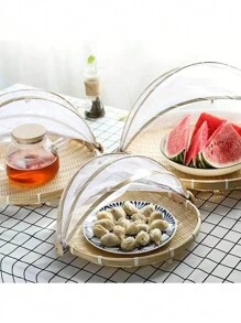 1 pieza Bandeja de cesta de servicio de alimentos tejida a mano, Cubierta de frutas para exteriores, Cesta de almacenamiento tejida de bambú contra insectos, Herramienta de pala para picnic