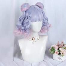 Tóc giả xoăn ngắn màu xanh tím ombre hồng với búi tóc kép tổng hợp mềm mại Lolita Cosplay tóc giả mềm mại chịu nhiệt cho bữa tiệc hàng ngày - Màu xanh lam - Xem 3
