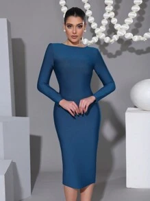 Gaun Midi Seksi Lengan Panjang dengan Resleting Besar di Belakang, Pas Badan, Cocok untuk Liburan dan Pesta - Royal Blue - View 3