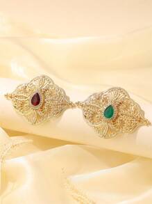 1pc Elegant Gold-Color Rhinestone Inlaid Brooch Pin, Delicate Hollow-Out Design, Vintage Style Brooch, Perfect For Moroccan Bride, Wedding, Party, Event