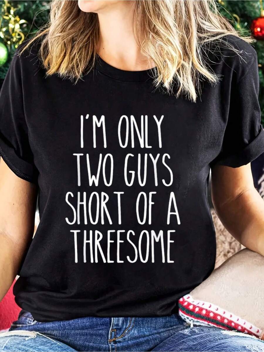 100% Cotton Threesome 3some Guys Girls Men Women Flirt Pride Funny Gag Women T Shirt, Short Sleeve Round Neck Casual Top For Summer & Spring, Women's Clothing - Black - View 1