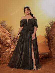 Mgiacy Plus Size V-Neck Off Shoulder Ruched Colorblock High Slit Maxi Dress, Party Dress, Wedding Guest Dress, Formal Dress, Evening Dress,Gown