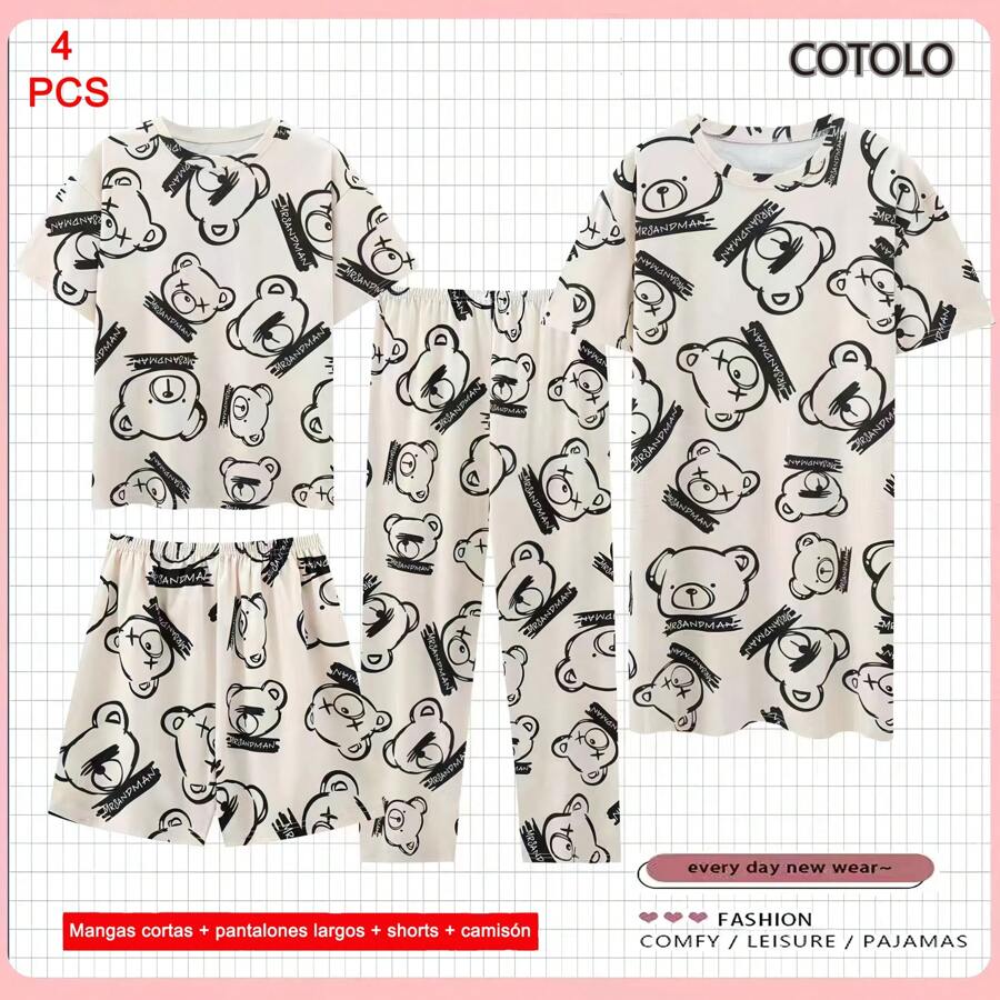 COTOLO Conjunto de 4 piezas de ropa informal para el hogar para mujer, cuello redondo, manga corta, pantalones largos, pantalones cortos y camisón, ligero y transpirable, con estampado lindo multicolor a la moda - Blanco y Negro - Ver 1