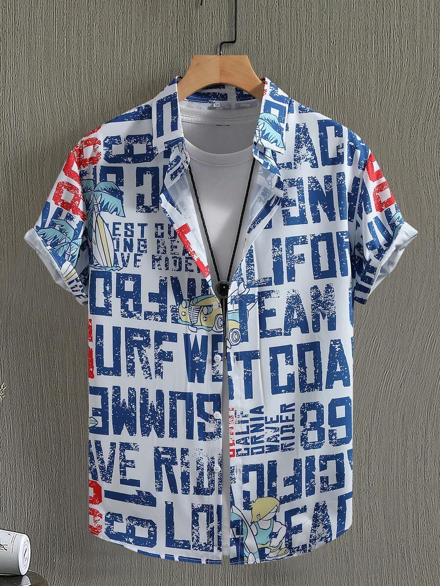 男士休闲短袖衬衫，蓝色字母和棕榈树印花，夏季度假装 - 藍白色 - 查看 1