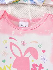 Baby Girl Easter Outfit Short Sleeve Romper Egg Print Flare Pants Bow Headband 3 Pcs Set - 粉色 - 查看 3