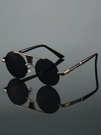 1 件男士新款圆形时尚眼镜奢华金属框架流行双桥眼镜经典高级感黑色眼镜适合日常装饰和户外聚会佩戴适合夏季海滩度假、户外、旅行