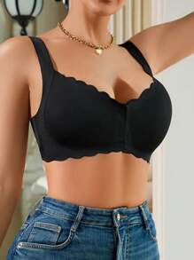 1pc Women'S Push Up Bra Casual Comfy Front Closure Women Fashion Solid Color Comfortable Front Open Wirefree Breathable Bra Women's Sexy Lingerie Underwear - Black - View 5