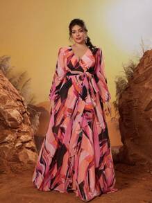 Mgiacy 新品 V 领优雅伴娘礼服印花荷叶边雪纺长裙 - 珊瑚粉 - 查看 3