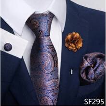 Juego de corbata de lujo para hombres con corbata floral negra y dorada, corbata de paisley, pañuelo de bolsillo, gemelos y broche para boda y fiesta - Dorado - Ver 5