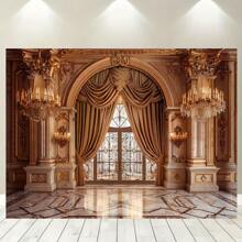 Fond photo de style palais avec lustre et porte voûtée, réalisé en matériau polyester polyvalent, convient pour la photographie de portrait d'adulte et la prise de vue en studio, peut être utilisé comme décoration élégante pour les événements de printemps et d'été - 1 pièce
