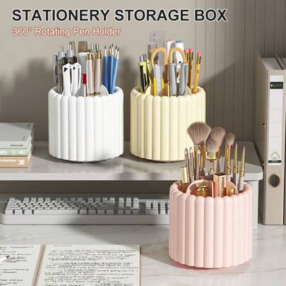 1pc 360° Rotating Pen Holder Desk Organizer Box, Large Capacity Makeup Brush Cosmetic Storage Rack, Rotating Pencil Lipstick Eyebrow Pencil Stationery Rack, Cosmetic Storage Rack, Storage Rack, Skincare Storage Rack, Office Organizer, Stationery Organizer, Nail Art Organizer, Bedroom Decor