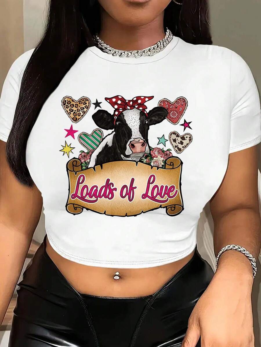 Graphic Printed Short T-Shirt, Y2K Spring And Summer Short-Sleeved Crop Top, Women's Top - White - View 1