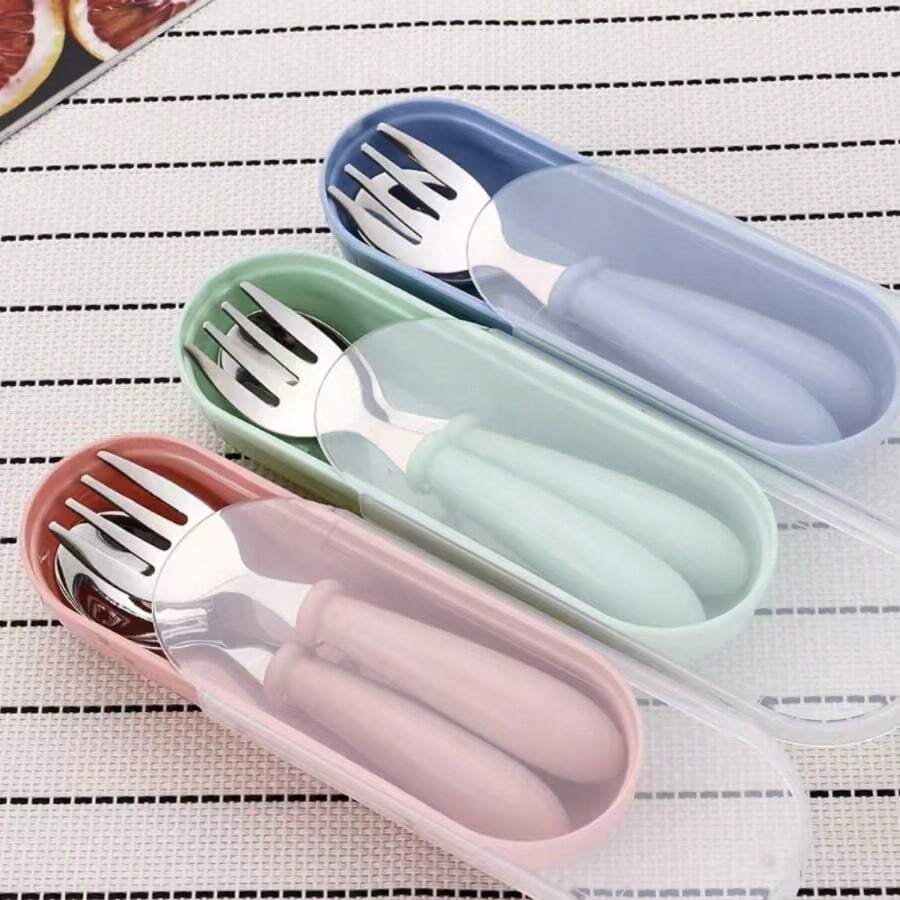 2pcs Spoon Forks Box Kids Stainless Steel Kids Cutlery Portable Baby Feeding Utensils Baby Spoons Baby Tableware Set