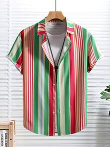 Men's Casual Striped Short Sleeve Shirt, Lightweight Orange & Green Fine Striped Vacation Shirt, Summer - Orange - View 1