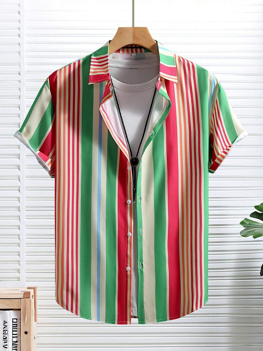 Men's Casual Striped Short Sleeve Shirt, Lightweight Orange & Green Fine Striped Vacation Shirt, Summer - Orange - View 1