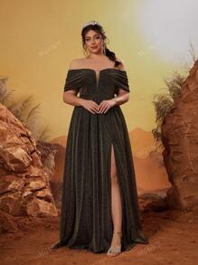 Mgiacy Plus Size V-Neck Off Shoulder Ruched Colorblock High Slit Maxi Dress, Party Dress, Wedding Guest Dress, Formal Dress, Evening Dress,Gown