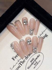 10片棺材形裸粉色闪光法式美甲水钻贴纸，优雅奢华手工美甲贴花，适合日常、约会、聚会和婚礼。 - 淺粉色 - 查看 2