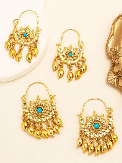 2件套复古金色星星耳环，配新月形流苏，饰以仿绿松石，适合女性日常节日和派对装扮，迪拜沙特阿拉伯