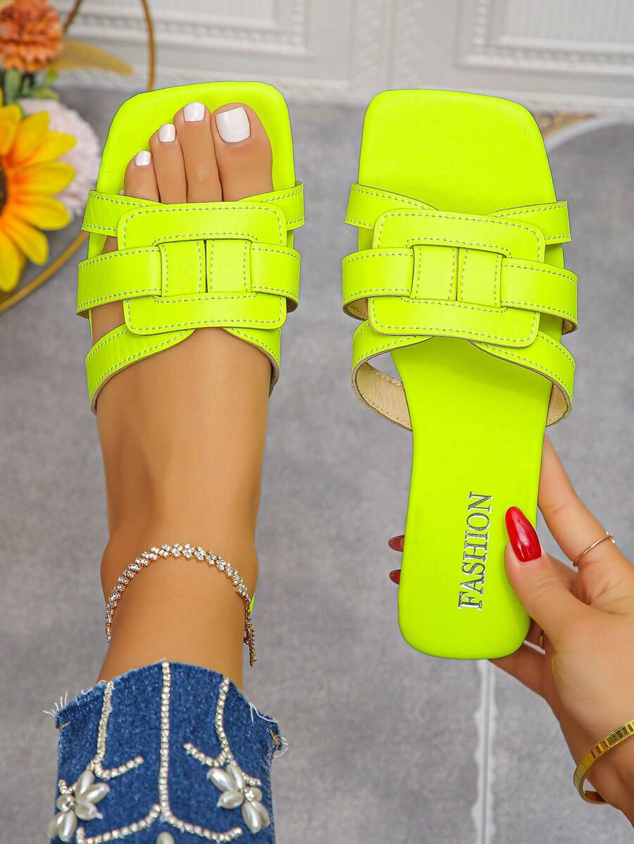 Women's Casual Fashion Versatile Fluorescent Yellow Open Toe Flat Slippers, Summer New Outdoor Holiday Beach Lightweight Comfortable Slip-On Sandals - Fluorescent Yellow - View 1