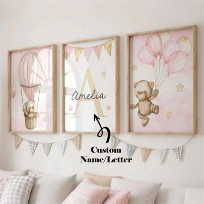 3pcs/Set Customizable Frameless Canvas Wall Art Posters - Personalized Name Wall Art, Customizable Teddy Bear Wall Art, Personalized Name Teddy Bear Wall Painting Decor, Painting Of Hot Air Balloon, Stars, Butterfly, Flag, Balloon, Personalized Initial Letter Logo, Neutral Bedroom Decor Customization, Suitable For Dining Room, Living Room, Bedroom Refresh Birthday Graduation,Home Refresh,Home & Living,Christmas Home Atmosphere,Souvenirs,Reusable,Adorable,High-Quality