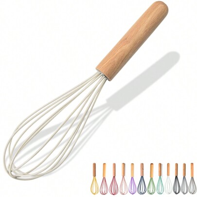Silicone Whisk With Wood Handle - Black Whisk Head With Wood Handle - Whisk For Pancake Batter, Eggs And Egg Whites, Cake Mix, Blending, Gravy And Sauces