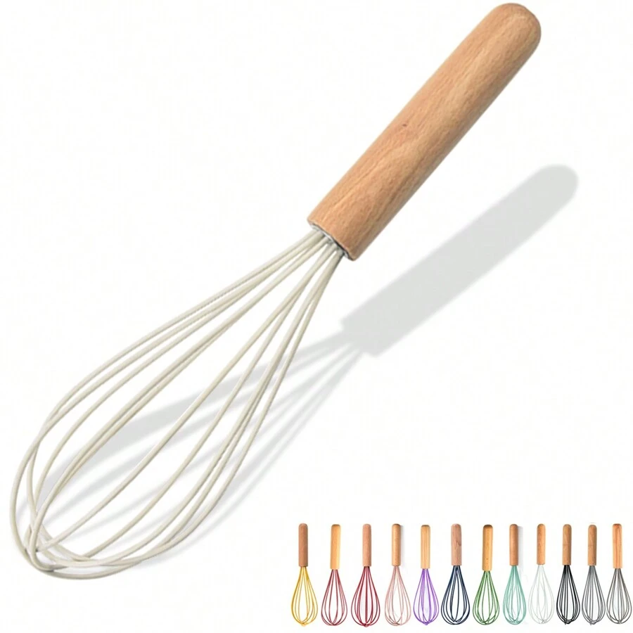 Fouet en silicone avec manche en bois - Tête de fouet noire avec manche en bois - Fouet pour la pâte à pancakes, les œufs et les blancs d'œufs, le mélange de gâteau, le mélange, le jus et les sauces