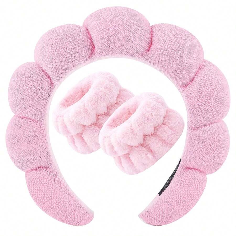Headband For Washing Face Wristband Set Sponge Makeup Skincare Headband Terry Cloth Bubble Soft Get Ready Hairband Women Girl Puffy Padded Headwear Non Slip Thick Hair Accessory,Skincare Headband,Beauty,Skin Care Products,Spa,Self Care,Skin Care Tools,Face Care,Esthetician Supplies,Skin,Face Wash,Facial - Pink - View 1
