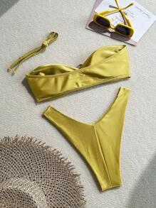 Women's Solid Color Strapless High Split Sexy Beach Vacation Bikini Swimwear Set For Summer - Yellow - View 2