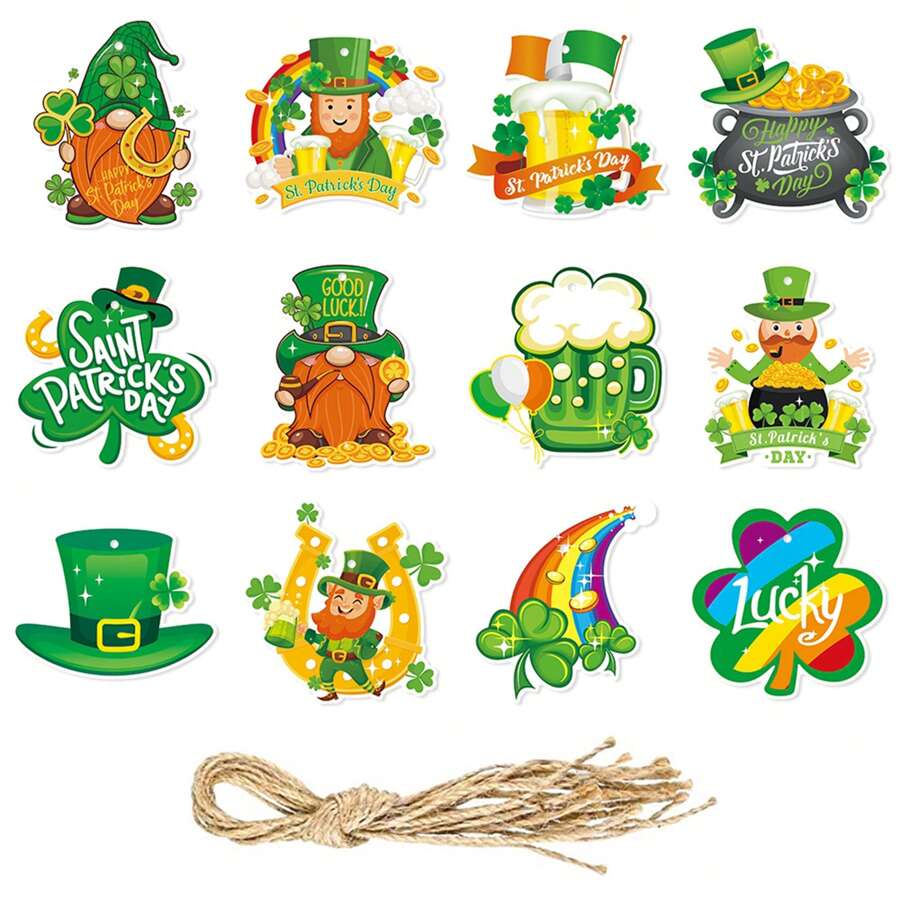 12Pcs Irish Ornaments Shamrock Gnome Beers Top Hat Hanging Decorations For Home Holiday Party Favors