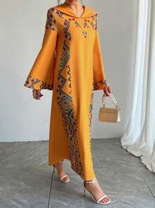 Solessence Middle Eastern Style Hooded Long Sleeve Dress, Yellow Luxury Arabic Traditional Print Abaya Dress, Special Occasion, Party, Festival Wear - Yellow - View 4