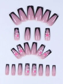 24Pcs Hibiscus Flowers Press On Nails Medium Square Shaped Fake Nails With Black French Tip Design False Nails Full Cover Nude Pink Sticks On Nails Glossy Glue On Nails For Women Manicure Nail Decor