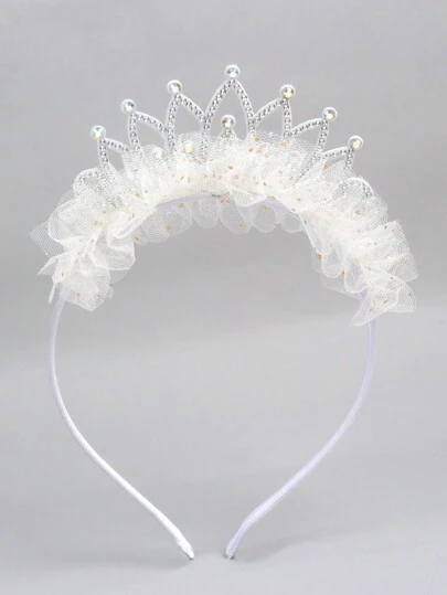 1pc/2pcs Colorful Crown Headband, Tulle & Pearl Hair Hoop, Elegant Hair Accessories, Suitable For Kids Party Gifts