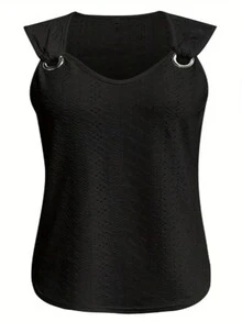 Plus Size Women Metal Ring Decor Round Neck Loose Tank Top, Sleeveless - Black - View 3