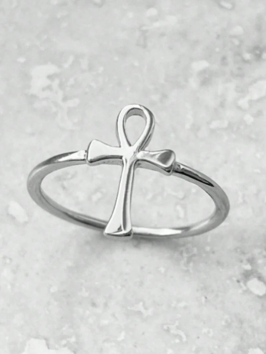 1pc Minimalist Classic Cross & Key Design Ring, Fashion Accessory For Daily, Party, Celebration, Holiday Gift For Women - Silver - View 1