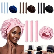 Juego de 4 piezas para el cuidado del cabello rizado: 1 gorro de satén ajustable con cordón - apto para mujeres y hombres, protege el cabello contra el encrespamiento y la rotura; 3 rizadores de cabello sin calor, palitos de peinado DIY aptos para todo tipo de cabello
