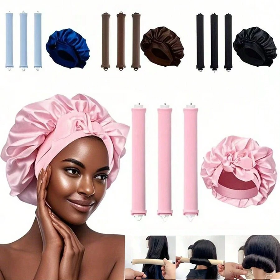 Juego de 4 piezas para el cuidado del cabello rizado: 1 gorro de satén ajustable con cordón - apto para mujeres y hombres, protege el cabello contra el encrespamiento y la rotura; 3 rizadores de cabello sin calor, palitos de peinado DIY aptos para todo tipo de cabello