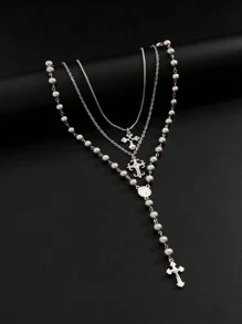 3pcs Vintage Punk Multilayer Metal Silver Cross Decor Y-Necklace, Men's Fashionable Beaded Necklace Set, Hip-Hop Style