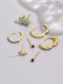 7 件/套优雅天蓝色锆石耳钉套装，简约风格珠宝适合女性约会、派对、日常佩戴 - 金黃色 - 查看 5