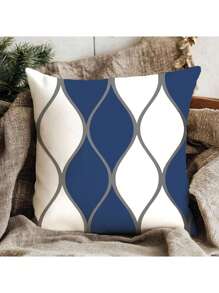 4pcs Set Blue & White Simple Letter Design Polyester Plush Pillow Case, Sofa Cushion Cover - Multicolor - View 6