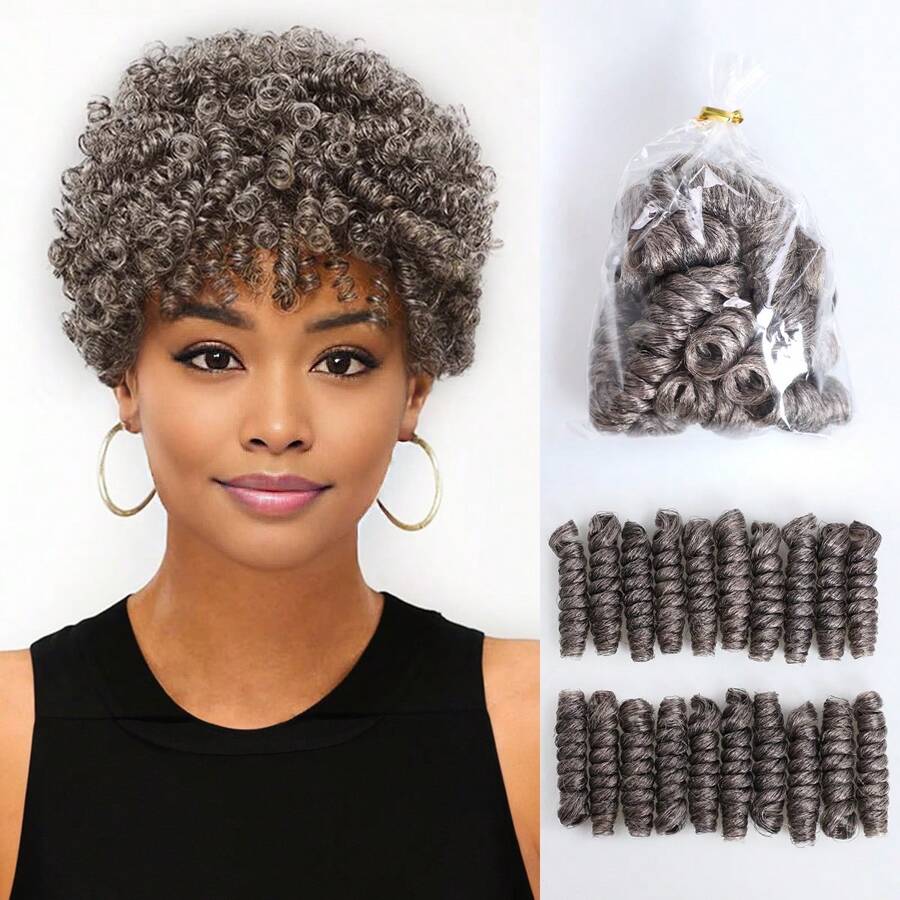 Hermosa 9Packs 180 Strands , Strands 10 Inch Short Grey Curly Crochet Hair For Women 8MM Gray Crochet Hair Braids Synthetic Braiding Hair Extensions For DIY Mohawk Afro Braided Wigs(Natural Black Mixed Grey) Free Installation Tools
