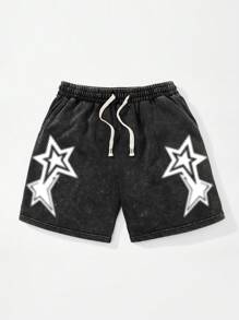 Shwiy Men's Washed Black Knee-Length Shorts, Minimalist Fashion Star & Polka Dot Print Pattern, Suitable For Casual Daily Wear - Black - View 1