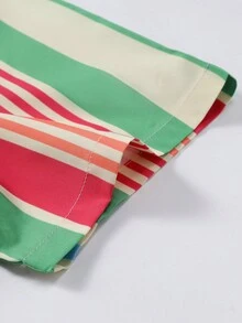 Men's Casual Striped Short Sleeve Shirt, Lightweight Orange & Green Fine Striped Vacation Shirt, Summer - Orange - View 5